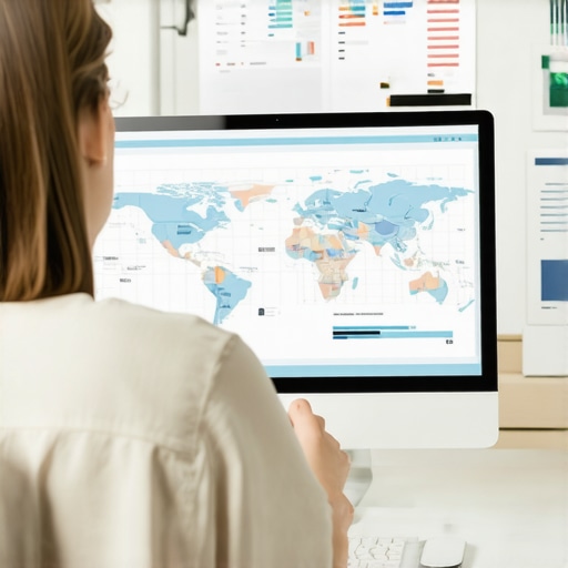 Person reviewing SEO analytics on laptop showing local maps and engagement charts