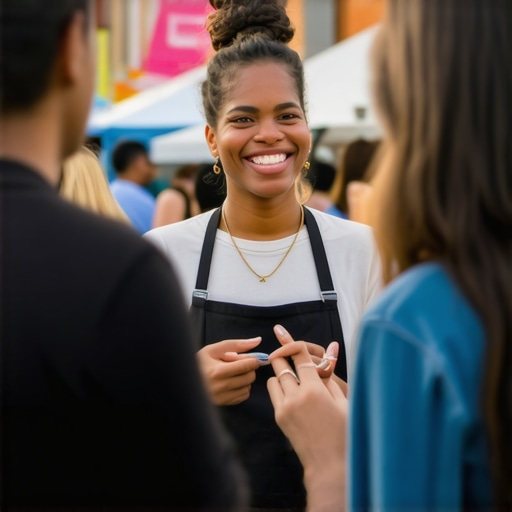 Community Engagement in Local Business A local business owner interacting with customers at a community event, showcasing human connection and community involvement.