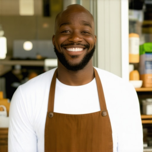Engaging Local Business Interaction A smiling shop owner standing outside their shop, capturing community trust and friendliness.