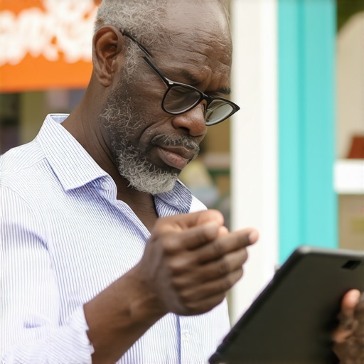 Engaging Local Business Owner Responding to Reviews A business owner interacting with customers online via a tablet in front of their store.