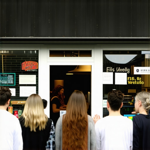 A bustling local shop with happy customers and eye-catching signage.