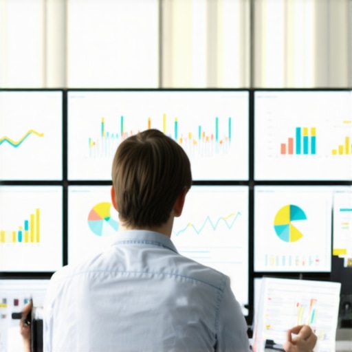 Digital marketer reviewing SEO analytics on multiple screens with graphs and data charts