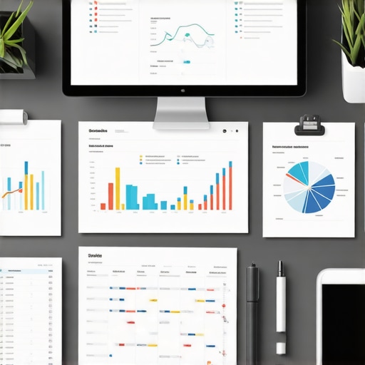 Desk with computers displaying SEO dashboards, notebooks, and a digital pen
