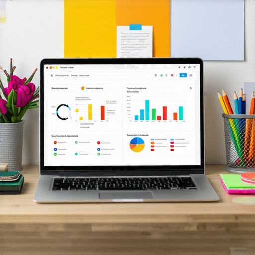 Workspace with SEO analytics dashboard and digital marketing tools.