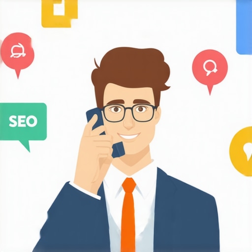 Business owner answering phone calls with engagement icons, representing local SEO signals.