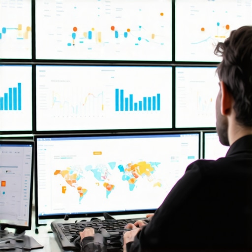 Person reviewing local SEO metrics on multiple monitors in office