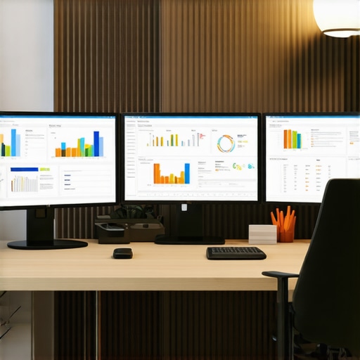 A workspace setup with screens showing local SEO and engagement analytics dashboards.