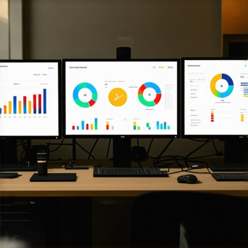 Digital Marketing and SEO Tools for Local Ranking A workspace featuring multiple screens showing analytics, SEO data, and engagement metrics.