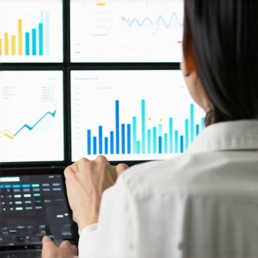 A professional analyzing SEO analytics on multiple screens in a modern office environment