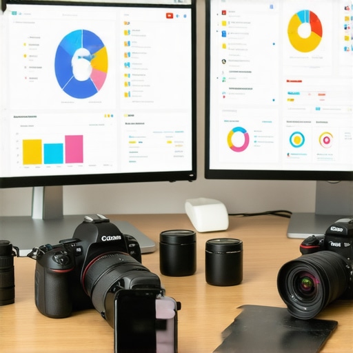 Tools for Managing Local SEO Engagement Signals A workspace setup with analytics dashboards on monitors, a smartphone, and a professional camera gear.