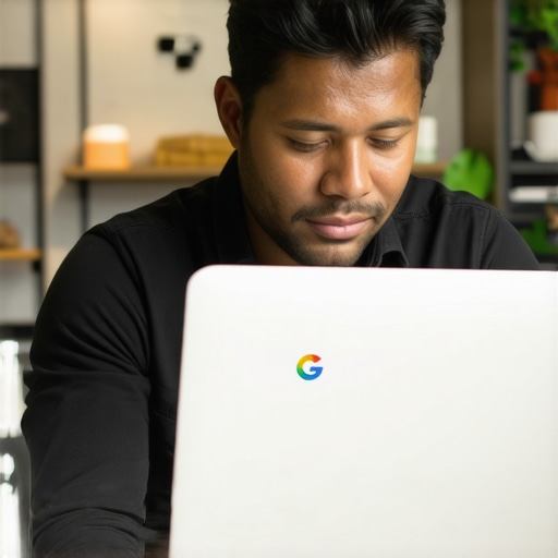 Business owner editing GMB profile on laptop with shared office background.